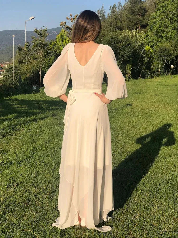Elegant Simple V-neck Wedding Dress Sashes Chiffon Backless Three Quarter Sleeve Floor-Length Bridal Gown Custom Made White 14w