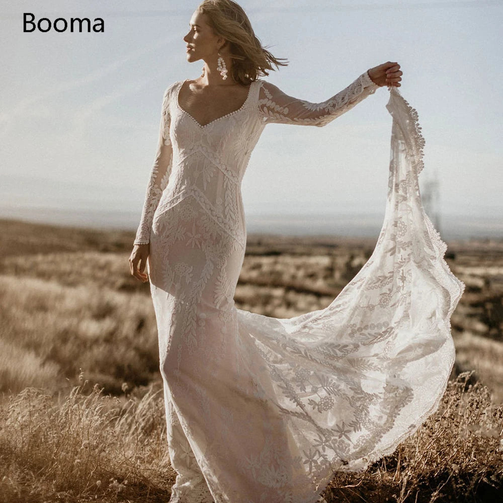 Booma Boho dentelle sirène robes de mariée manches longues encolure carrée trompette bohème robes de mariée sexy dos nu robes de mariée