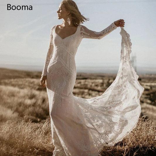 Boho Lace Mermaid Wedding Dresses Long Sleeves Square Neckline Trumpet Bohemian Bridal Gowns Sexy Backless Wedding Gowns