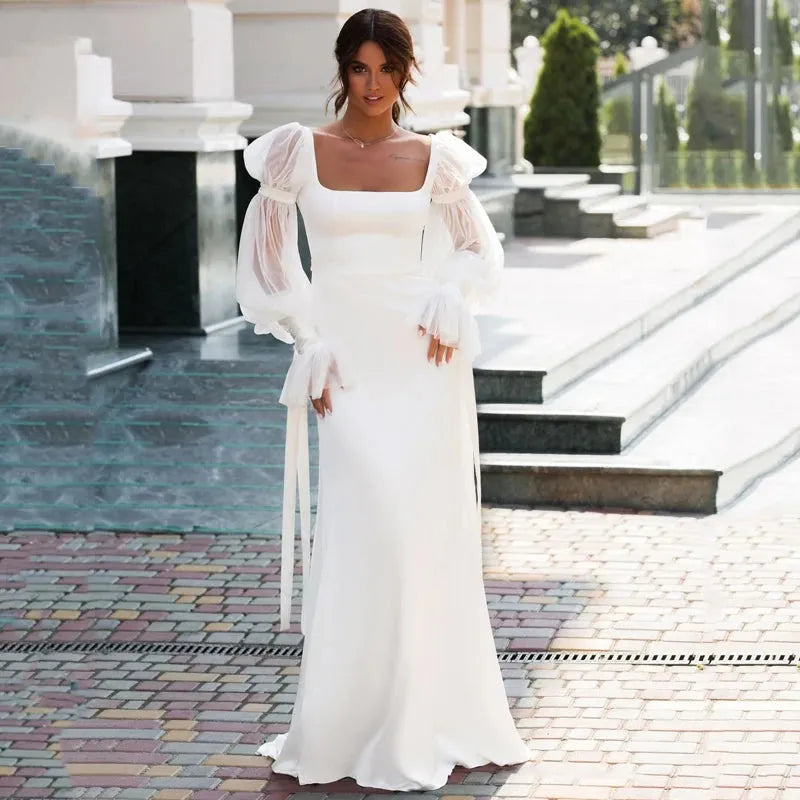 Elegant Satin Mermaid Wedding Dress Long Puff Sleeve Sexy Beach Square Collar Bridal Gowns Custom Made Summer Robe De Mariee 14w