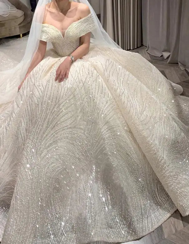 Robe De mariée De luxe à paillettes, col bateau classique, épaules dénudées, Robe De mariée personnalisée