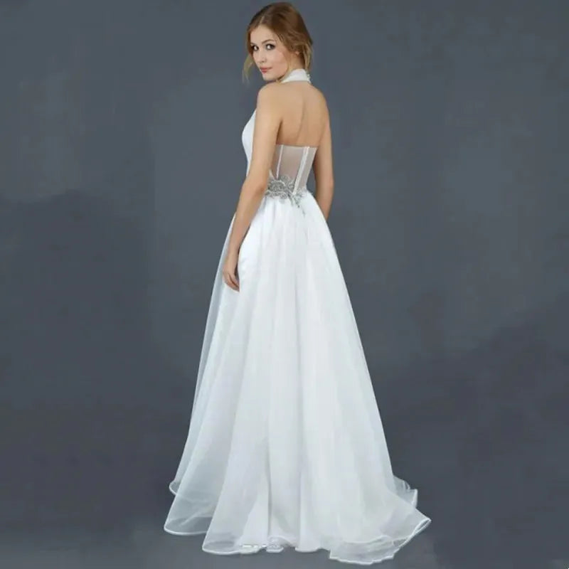 Elegant Halter Organza Wedding Pants With Train Sexy Backless Jumpsuits Dress Women For Wedding Sleeveless Vestido De Novia Floor length