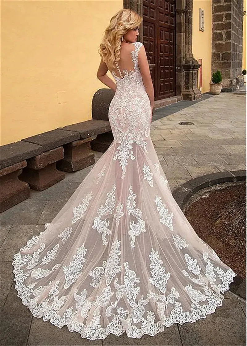 Fashionable Scoop Neck Short Sleeves Mermaid Slim Wedding Dresses Bridal Gowns Customize Robe De Novia Mariage Wedding Wear