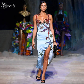 Sling Dress Sexy Starfish Pattern Diamond Design Split Fork Sleeveless Square Neck Strap Satin Grace Dinner Party Long Dress