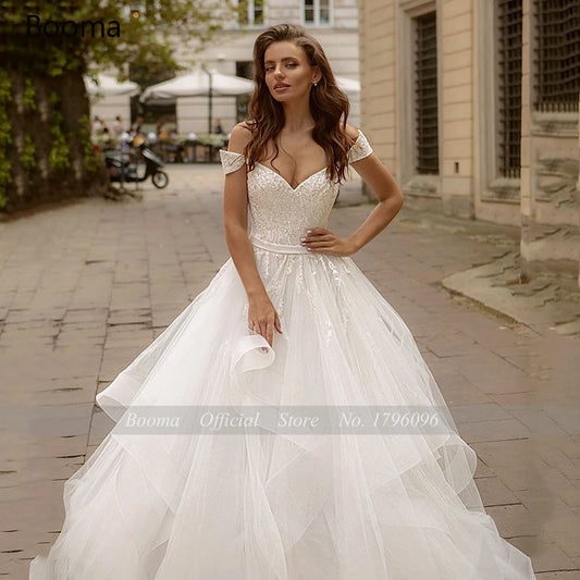 Ball Gown Princess Wedding Dresses Off Shoulder Sweetheart Ruffles Bride Dresses Beaded Lace Appliques Long Bridal Gowns
