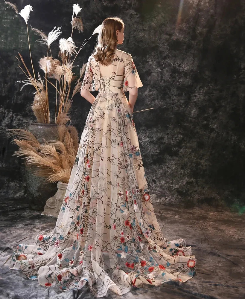 Vestidos de noche con bordado floral, vestido largo de tul colorido, m