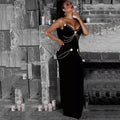 Runway Fashion Maxi Long Bandage Dress Open Fork Chains Strap Fashion Beading Bandage Dress Cocktail Party Bodycon Dresses