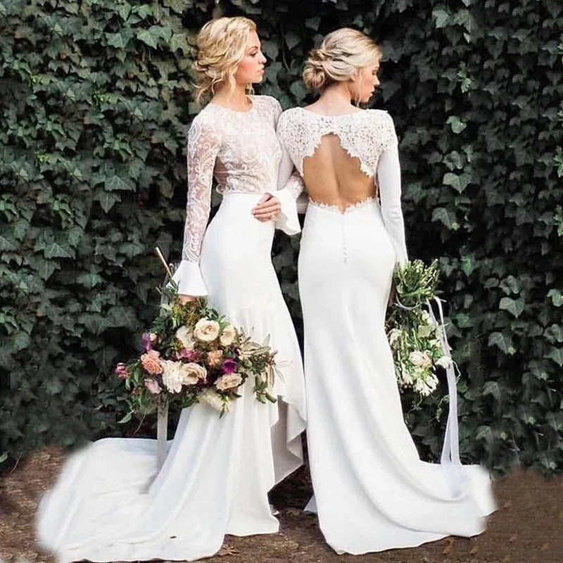 Long Sleeve White Mermaid Wedding Dresses Backless Lace bohemian Wedding Dress Bridal Gowns vestido de novia boho Court train 14w