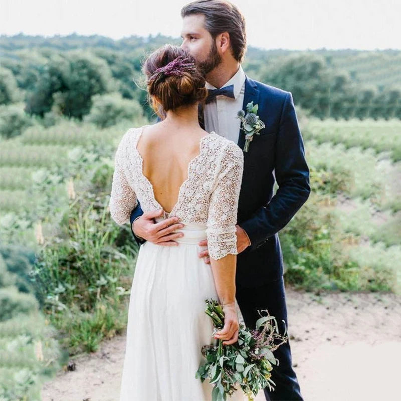 Robe De mariée transparente élégante, col en V, manches 3/4, dos nu, en dentelle et mousseline, robes De mariée