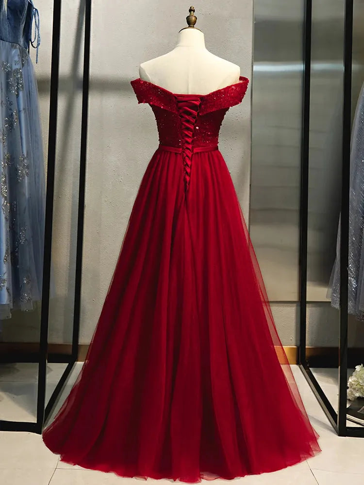 Plus Size Evening Dresses Long Burgundy Beading Sequin Off Shoulder Formal Party Prom Gowns custom made Burgundy