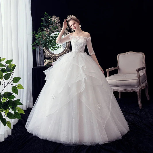 Vestido de Noiva New Gryffon Half Sleeve Boat Neck Wedding Ball Gown Lace Lace Sequins Wedding Dresse Robe De Mariee