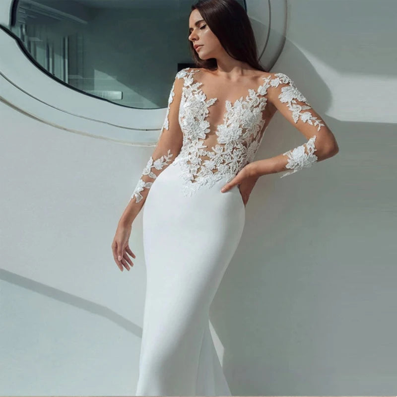 Lengan panjang gaun pengantin putri duyung putih ilusi seksi leher appliques gaun gaun pengantin elegan pantai vestidos de noiva