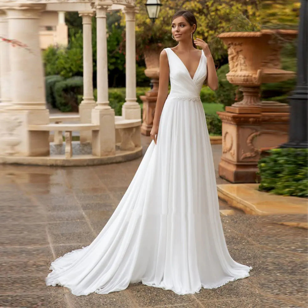 Pakaian perkahwinan chiffon sederhana untuk pengantin perempuan v leher tanpa lengan garis lumpur pantai boho gaun pengantin ditambah saiz vestidos yang dibuat khas