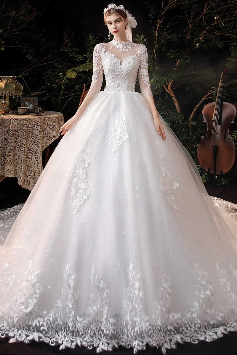 فستان زفاف فيستدو دي نويفا ثلاثة أرباع كم رقبة عالية فاخر 1 متر ذيل طويل ثوب حفلة الأميرة رداء دي ماري بلس