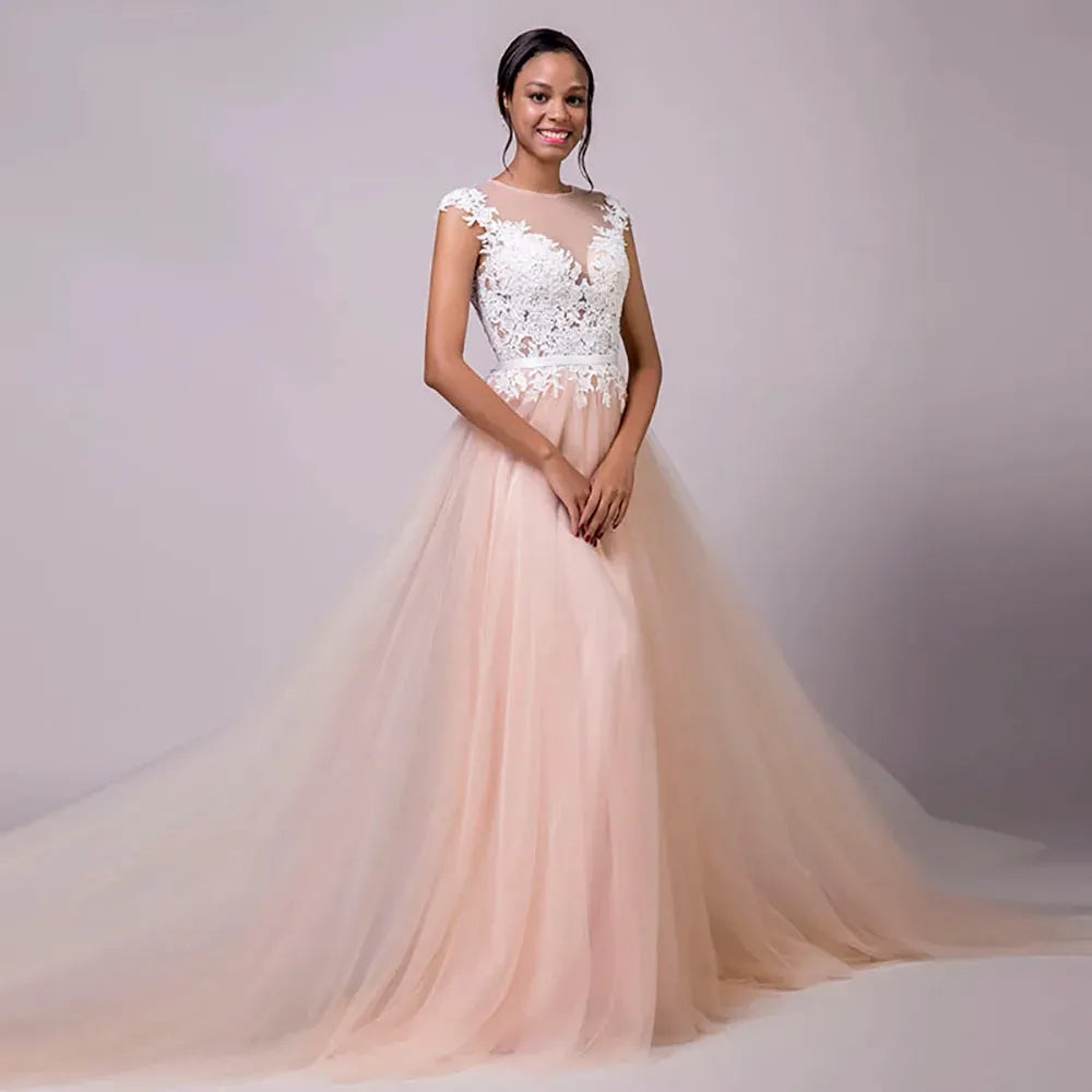 Wedding Dress Lace Appliques Arrival Cap-sleeves Romantic Dresses Bridal Gown Nude Back Vestido De Novia Playa 14w