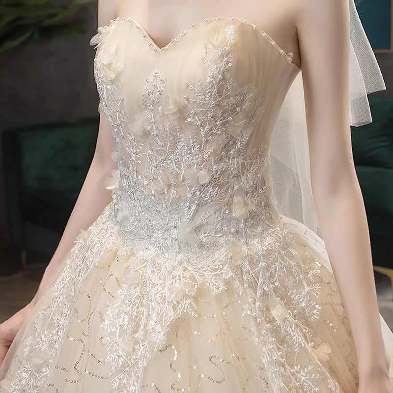 Gaun Perkahwinan Gryffon Gaun Perkahwinan Strapless Klasik Dengan Keretapi Renda Up Ball Gown Lace Lace Robe De Mariee