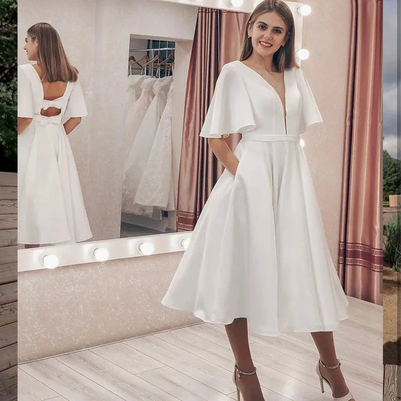 Short Wedding Dress Simple Chiffon V-Neck With Pocket Flare Sleeve Knee Length Bridal Gown Robe De Mariee Elegant New