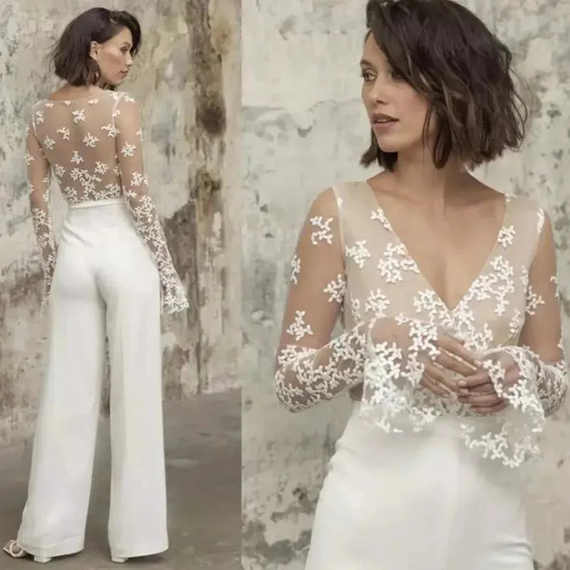 Wedding Pants Dress Sets Open Back Sexy V-Neck Top Lace Appliques Long Sleeves Illusion Jumpsuit Gown Formal Bridal Outfit White