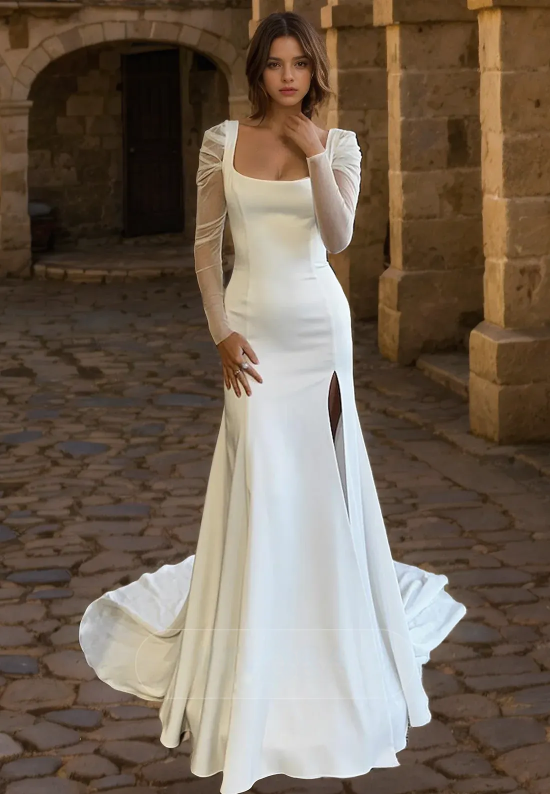 Robe de mariée sirène à col carré, manches longues, Simple, fendue, élégante, personnalisée sur mesure