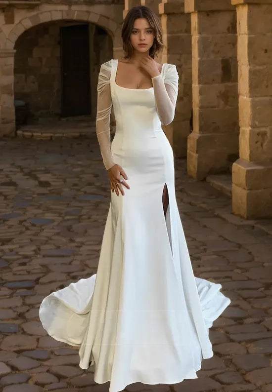 Square Collar Wedding Dress For Women Full Sleeves Simple Bridal Gowns Split Mermaid Elegant Bride Dress Customize To Measure 14w