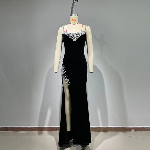 Vestido De graduación De satén con cuello en forma De corazón negro, Vestidos De sirena con borde De diamantes brillantes, Bola De graduación derramada lateral Sexy