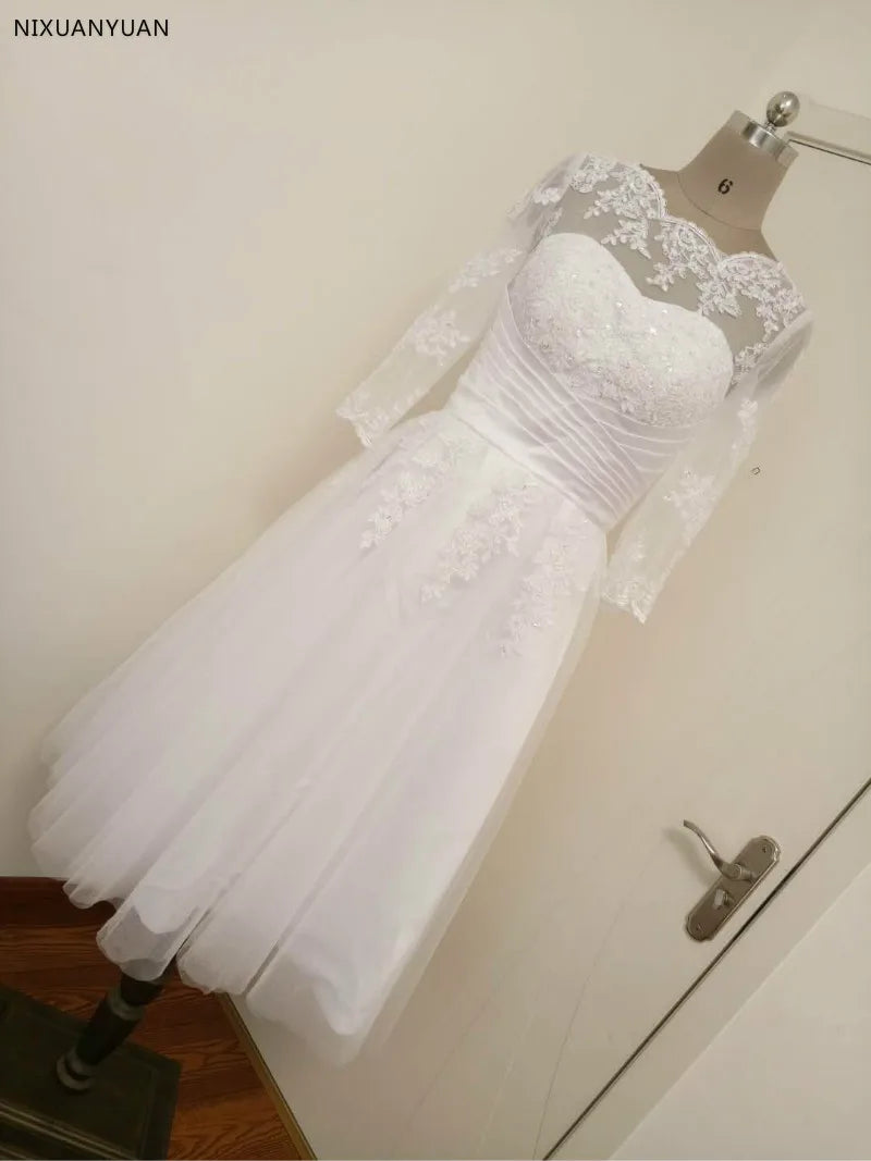 Vestido de noiva curto vintage herbata z kości słowia długość rękawów Długie sukienki ślubne koronkowe suknie ślubne