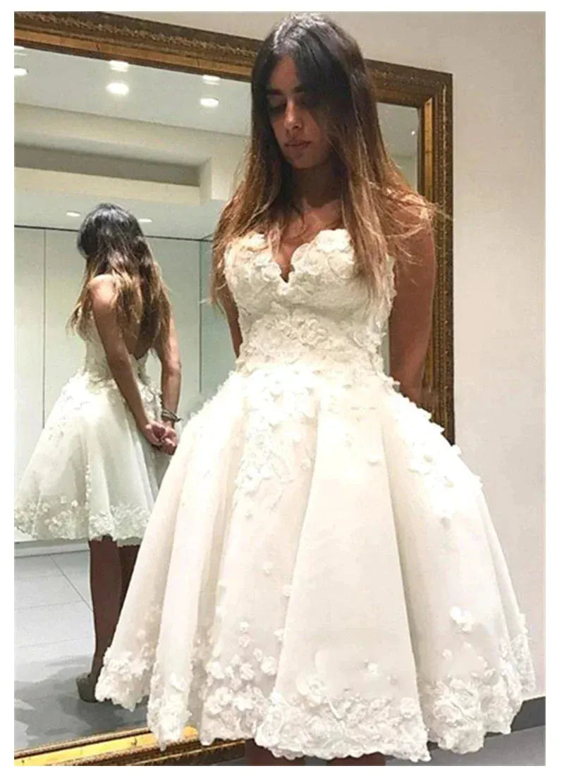 Short Informal Wedding Dress White Bride Dresses vestido de novia 3D Flowers Ball gown Wedding Dresses 14w Short Wedding Dress