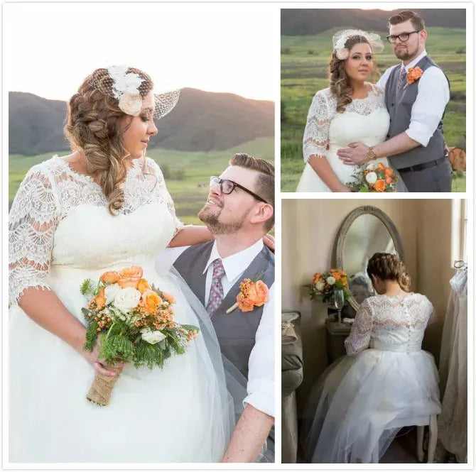 Lovely Short Lace Wedding Gowns Half Long Sleeve Calf Tea Length Plus Size Wedding Dresses Jewel Tiered Skirts Beach Bridal Gown 14w