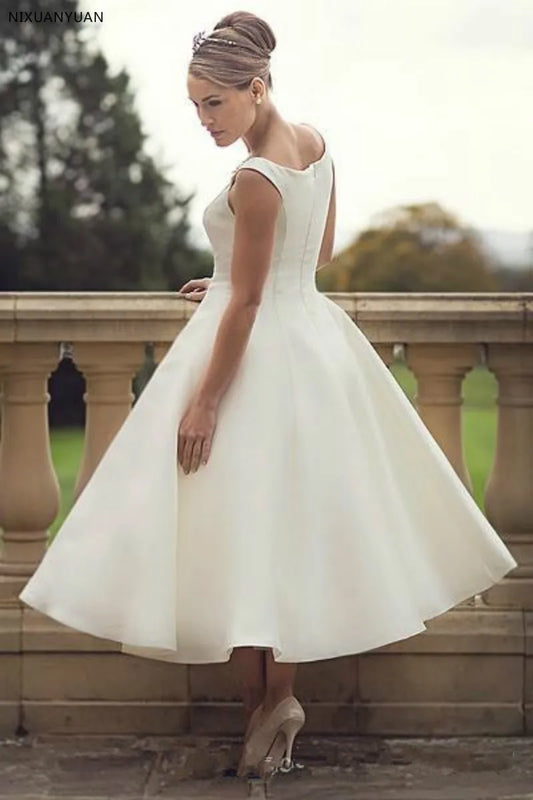 60 -an Vintage Short Teh Panjang Gaun Pengantin Sederhana Sendok Leher Bola Gaun Satin Women Wedding Wedding Gaun Pengantin Kedua