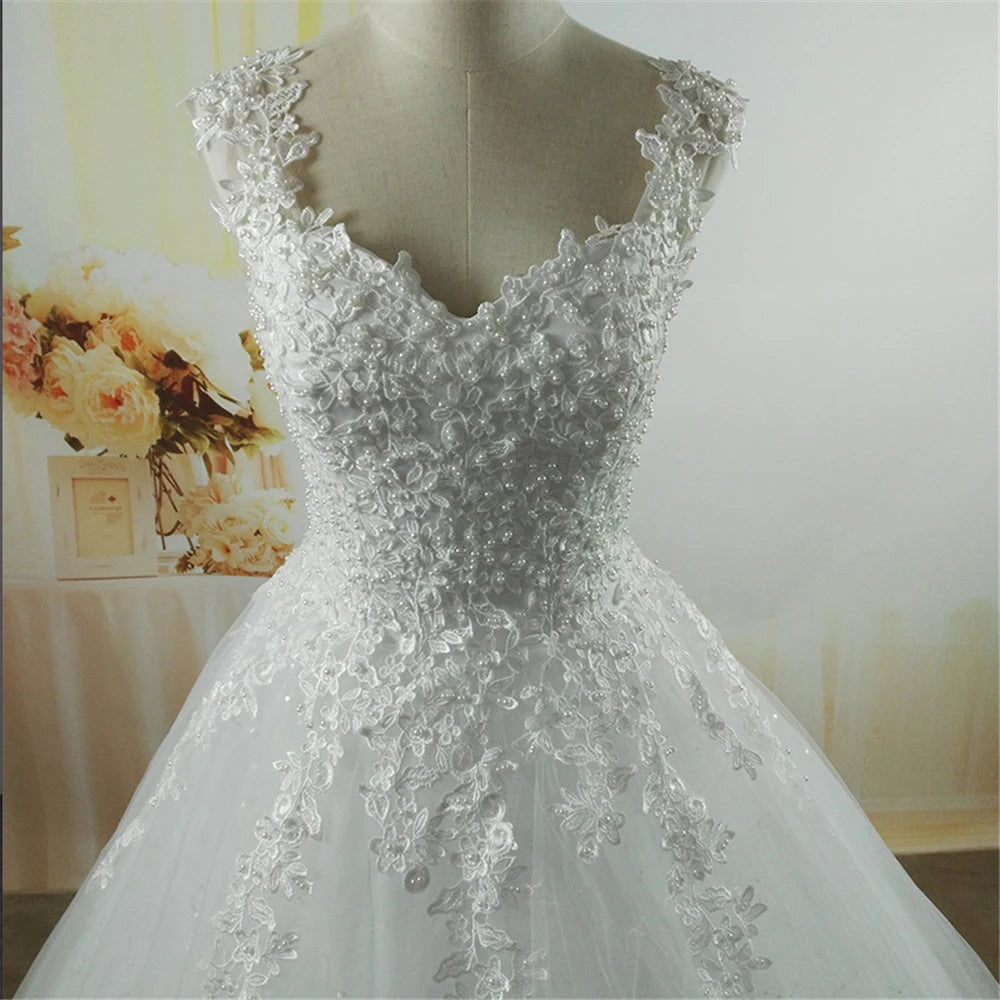 ZJ9076-C White Ivory Pearls Wedding Dresses With Lace Bottom For Brides Dress Plus Size 2-26W