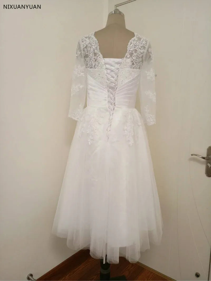 Vestido de noiva cotto Vintage Elfenbein Tee Länge Langarm Hochzeitskleid Spitze Hochzeitskleider schaufeln kurzer Brautkleider