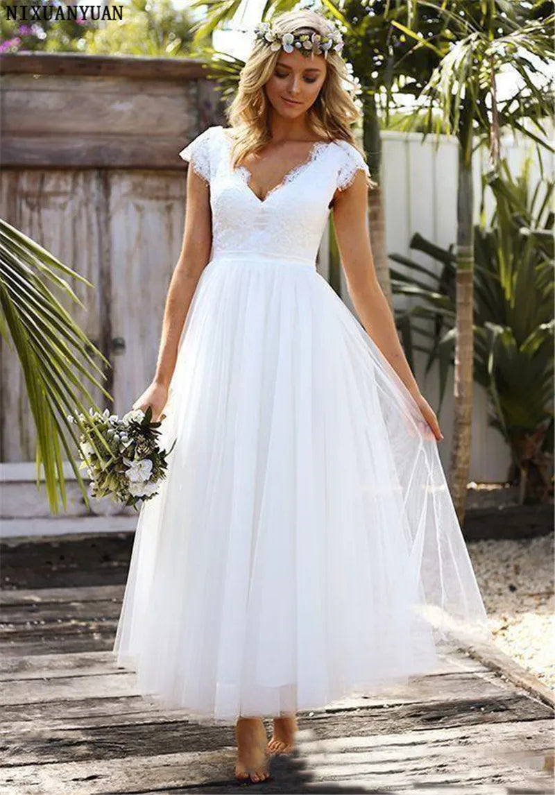 Gaun Perkahwinan Pendek Elegant Renda Tulle Modest Cap Sleeve V Neck Bohemian Beach Garden Bridal Gowns Vestido de Novia