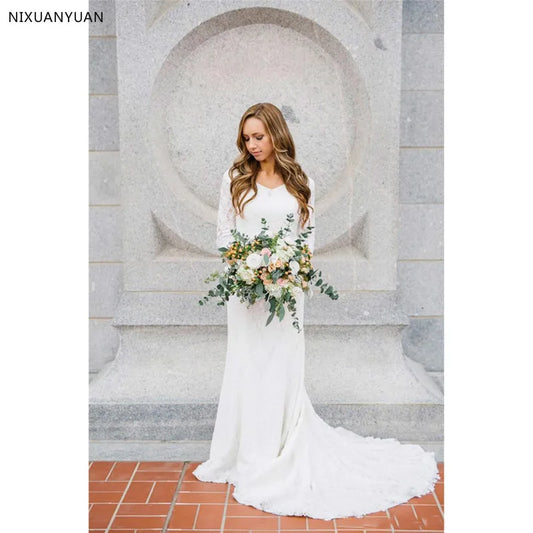 Gaun pengantin sederhana dengan lengan panjang bohemian renda duyung gaun pengantin negara gaun pengantin
