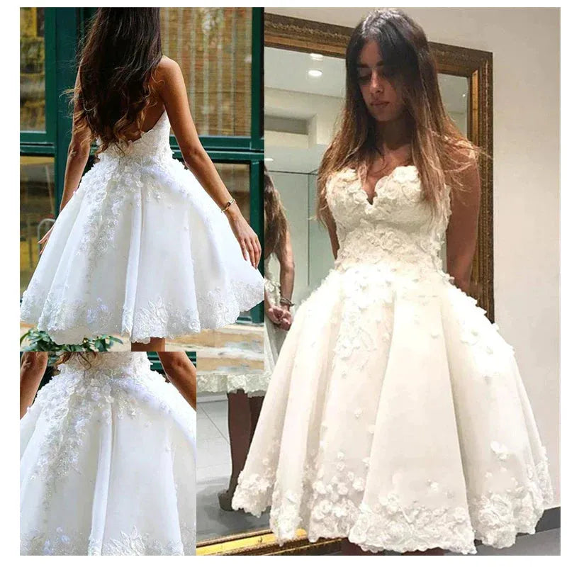 Short Informal Wedding Dress White Bride Dresses vestido de novia 3D Flowers Ball gown Wedding Dresses 14w Short Wedding Dress