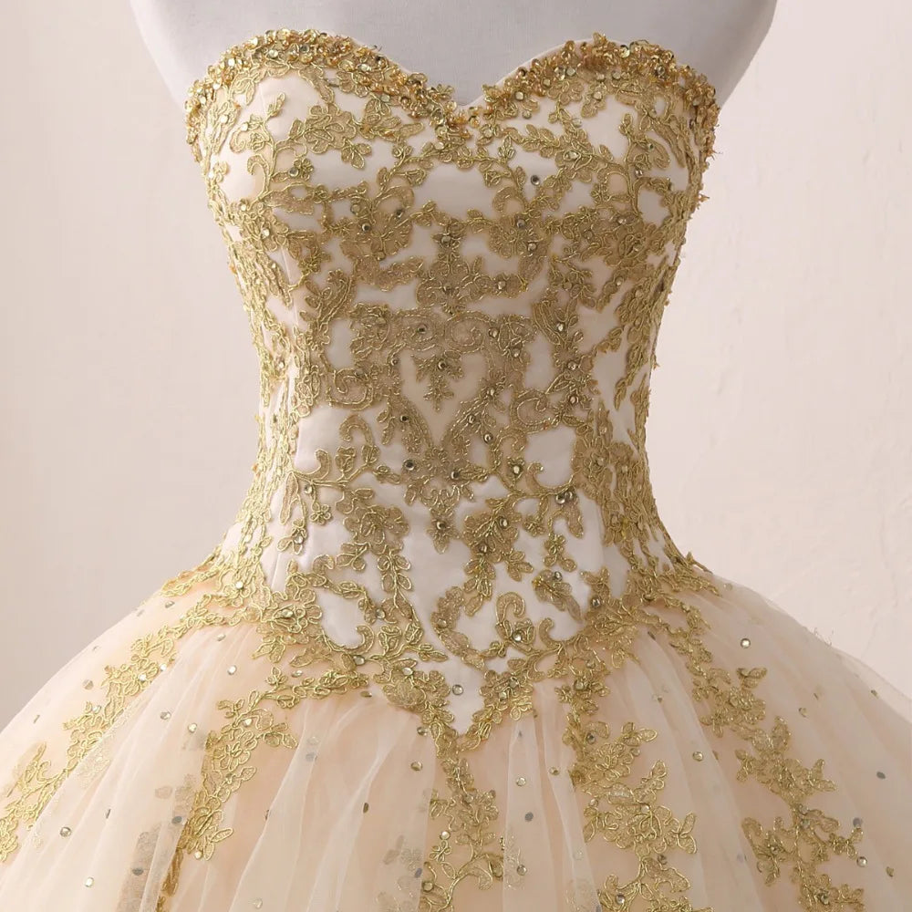 Gold Quinceanera Dresses Lace Appliques Beaded Ball Gown Sweet Strapless Vestidos de 15 Anos Envio Gratis Vestido De Princesa