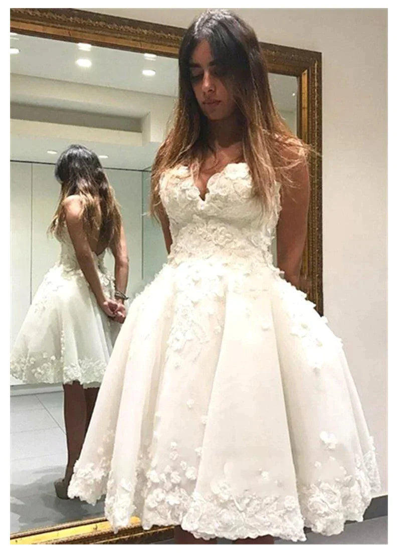 Short Informal Wedding Dress White Bride Dresses vestido de novia 3D Flowers Ball gown Wedding Dresses