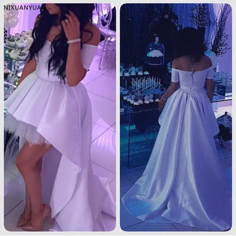 فساتين زفاف عالية منخفضة فيستدو دي نويفا عتيقة قبالة الكتف فستان زفاف أبيض قصير من الأمام وطويل من الخلف