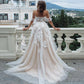 Vestido de novia bohemio champán, Apliques de encaje de tul sin espalda, vestidos de boda de playa con hombros descubiertos, vestido de novia de princesa 