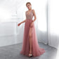 Beading Prom Dresses Plus Size Pink High Split Tulle Sweep Train Sleeveless Evening Gown A-line Lace Up Backless Vestido De