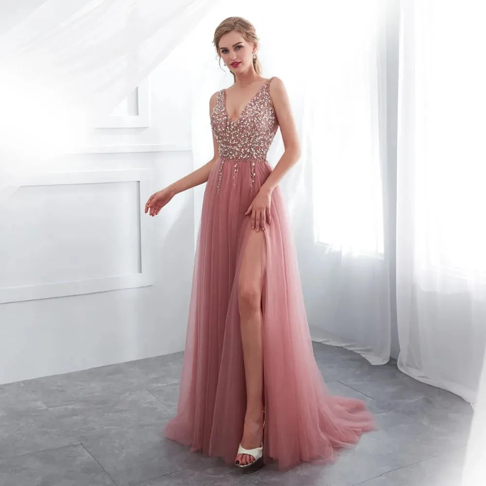 Beading Prom Dresses Plus Size Pink High Split Tulle Sweep Train Sleeveless Evening Gown A-line Lace Up Backless Vestido De picture color