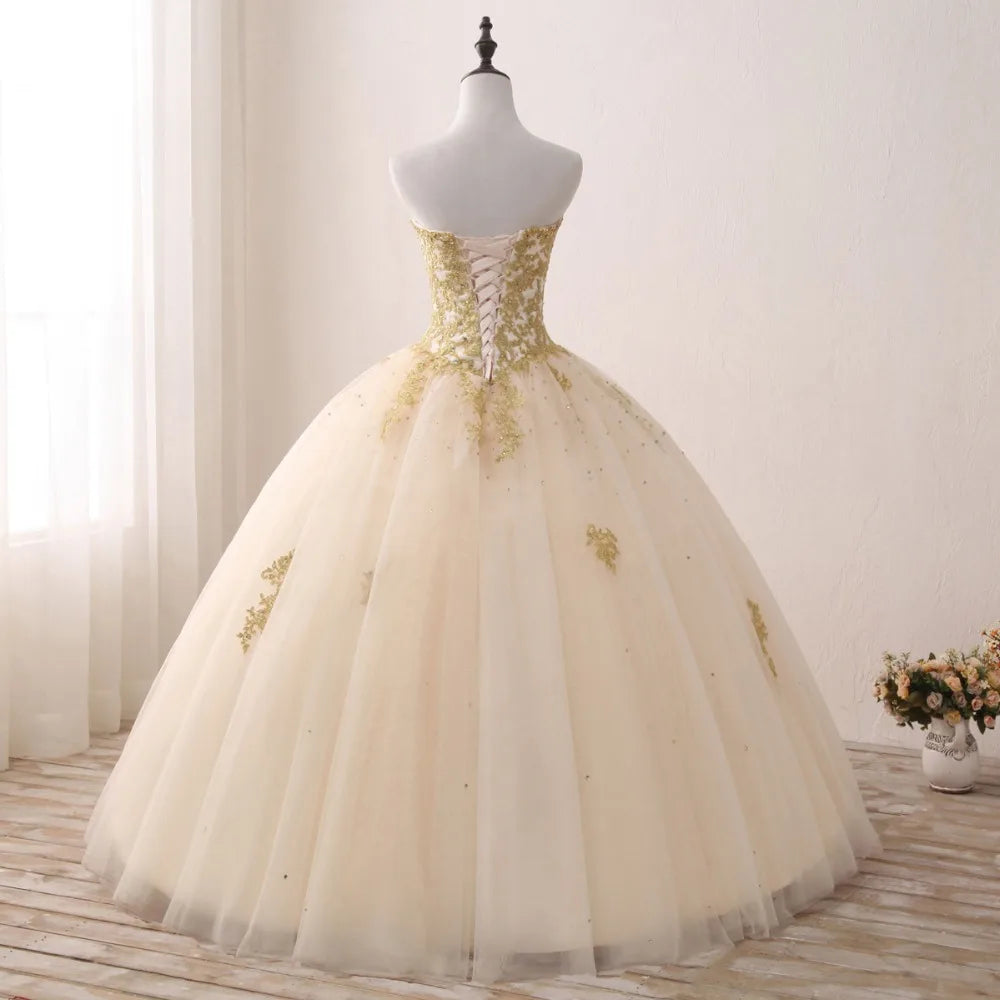 Gold Quinceanera Dresses Lace Appliques Beaded Ball Gown Sweet Strapless Vestidos de 15 Anos Envio Gratis Vestido De Princesa