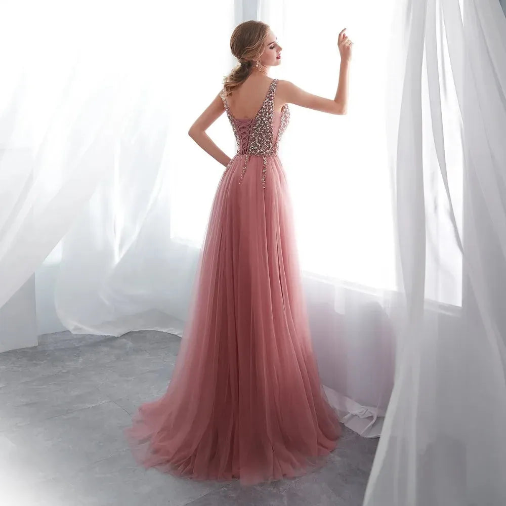 Beading Prom Dresses Plus Size Pink High Split Tulle Sweep Train Sleeveless Evening Gown A-line Lace Up Backless Vestido De picture color