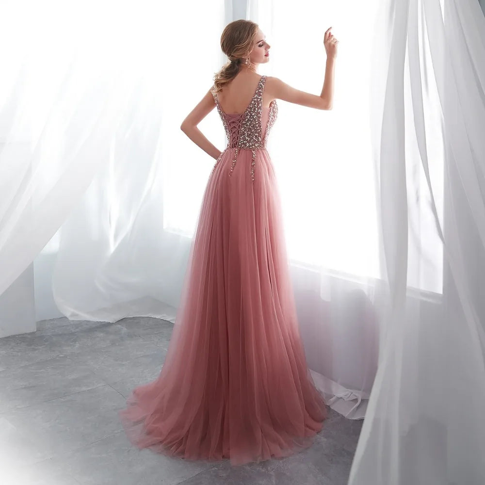Beading Prom Dresses Plus Size Pink High Split Tulle Sweep Train Sleeveless Evening Gown A-line Lace Up Backless Vestido De