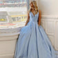 Sky Blue Satin Prom Dresses Simple Women V Neck Pockets Beaded Pearl A Line Evening Formal Gowns Pleats