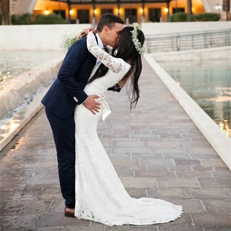 Bohemian Wedding Dress V-Neck Lace Beach Wedding Dresses Plus Size Long Sleeve Boho Bridal Gown Vestido De Noiva De Renda 14w