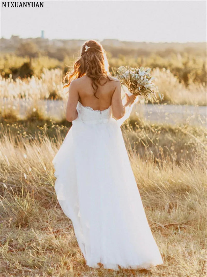 שמלת כלה בחוף חוף קו מתוקה vestido noiva praia פשוט לבן טול קזמנטו אבנט שמלת כלות בהתאמה אישית