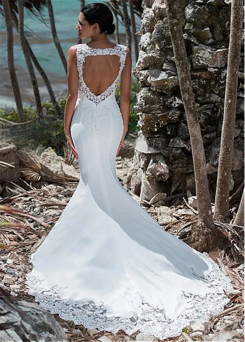 Sexy Mermaid Wedding Dress Sleeveless Lace Appliqued Illusion Back Boho Wedding Gown Long Train Bride Dress Ivory 14w Boho