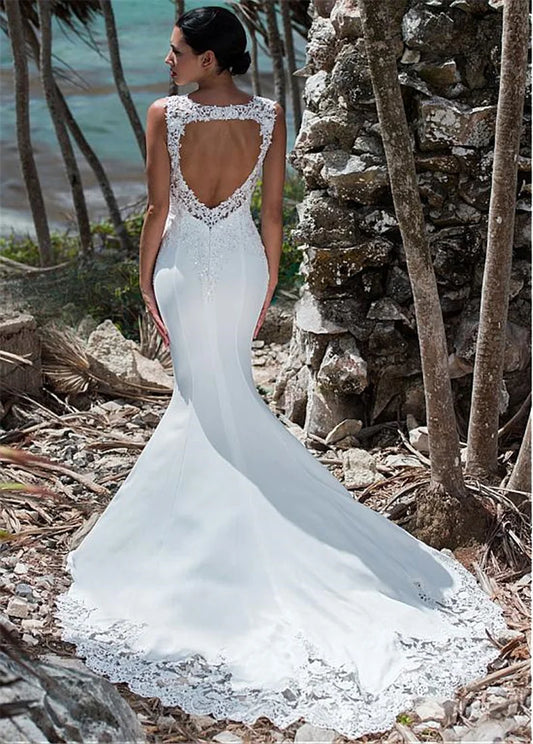 Pakaian Perkahwinan Mermaid Sexy Lace Lengan Tanpa Ilusi Back Boho Wedding Gaun Gaun Pengantin Kereta Api Panjang