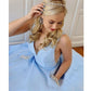 Sky Blue Satin Prom Dresses Simple Women V Neck Pockets Beaded Pearl A Line Evening Formal Gowns Pleats