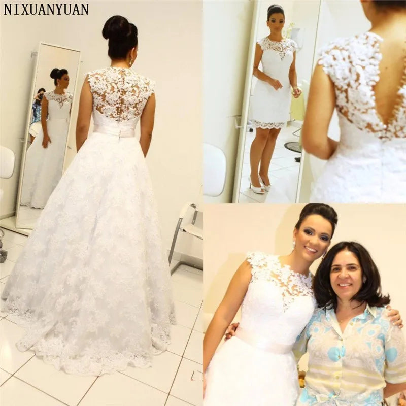 New Princess Wedding Dress Scoop Appliqued Detachable Train Wedding Gown Sleeveless Boho Free Shipping Bride Dress